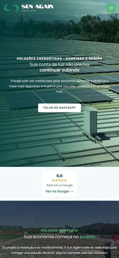 Página inicial da Sun Again no celular, com painéis solares ao fundo, mensagem sobre economia na conta de luz e botão Falar no WhatsApp