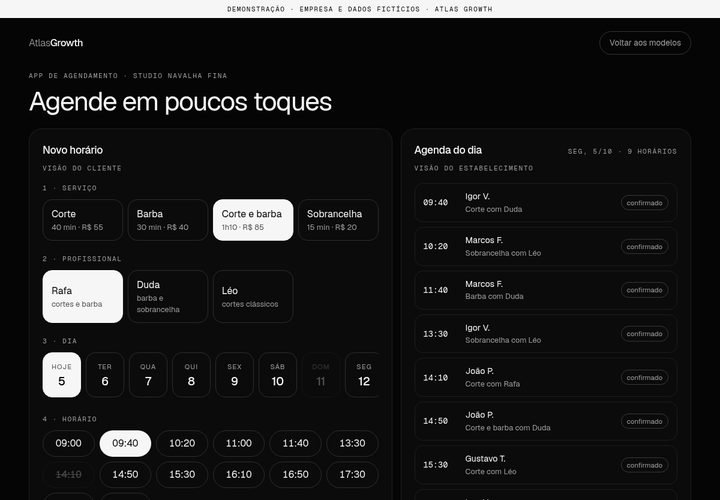 Prévia da demonstração app de agendamento